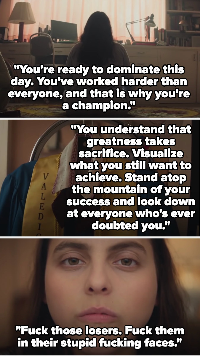 Molly listening to an affirmation that says she&#x27;s ready to dominate the day because she&#x27;s a champion, and she should visualize what she wants and look down at those who have doubted her, because fuck those losers