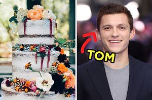 On the left, a three-tiered wedding cake topped with various fall flowers, and on the right, Tom Holland with an arrow pointing to him and Tom typed next to his face