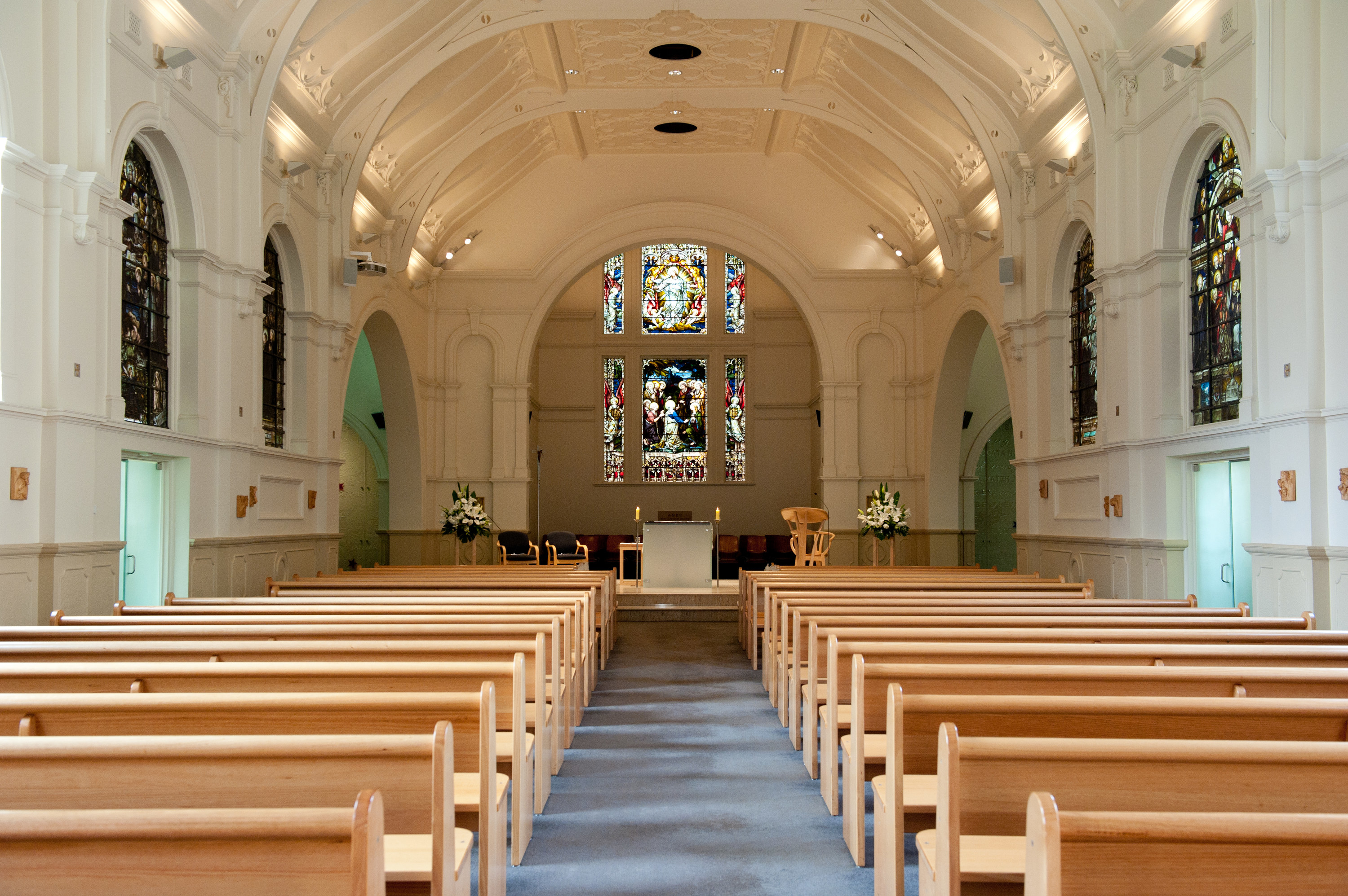 A church interior with pews