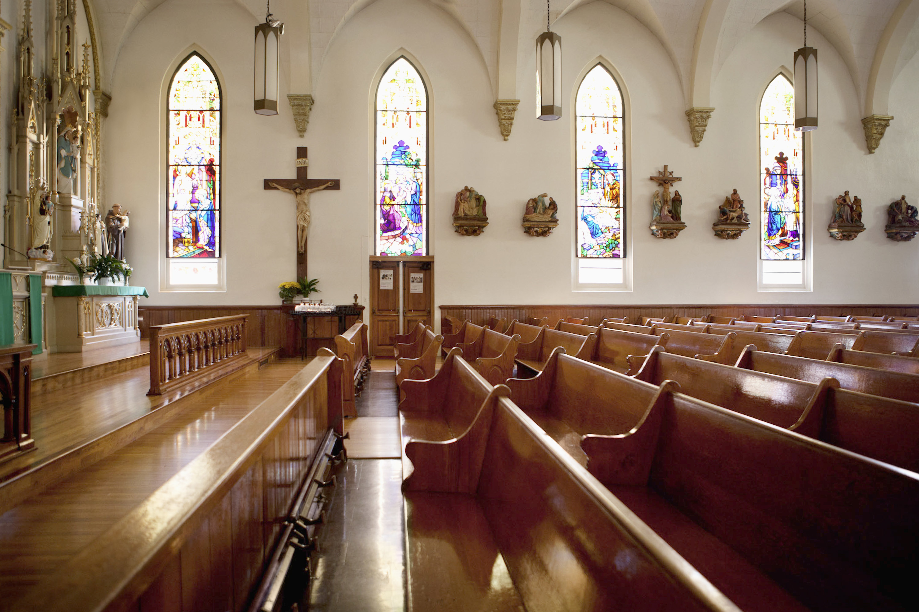 A view down the pews of a church