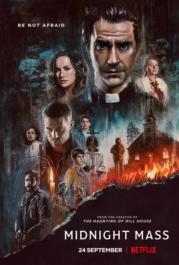 Illustrated poster for Midnight Mass featuring the cast and brush on fire