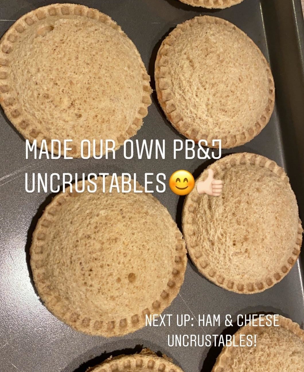 reviewer photo of the PB&amp;amp;J uncrusted round sandwiches they made