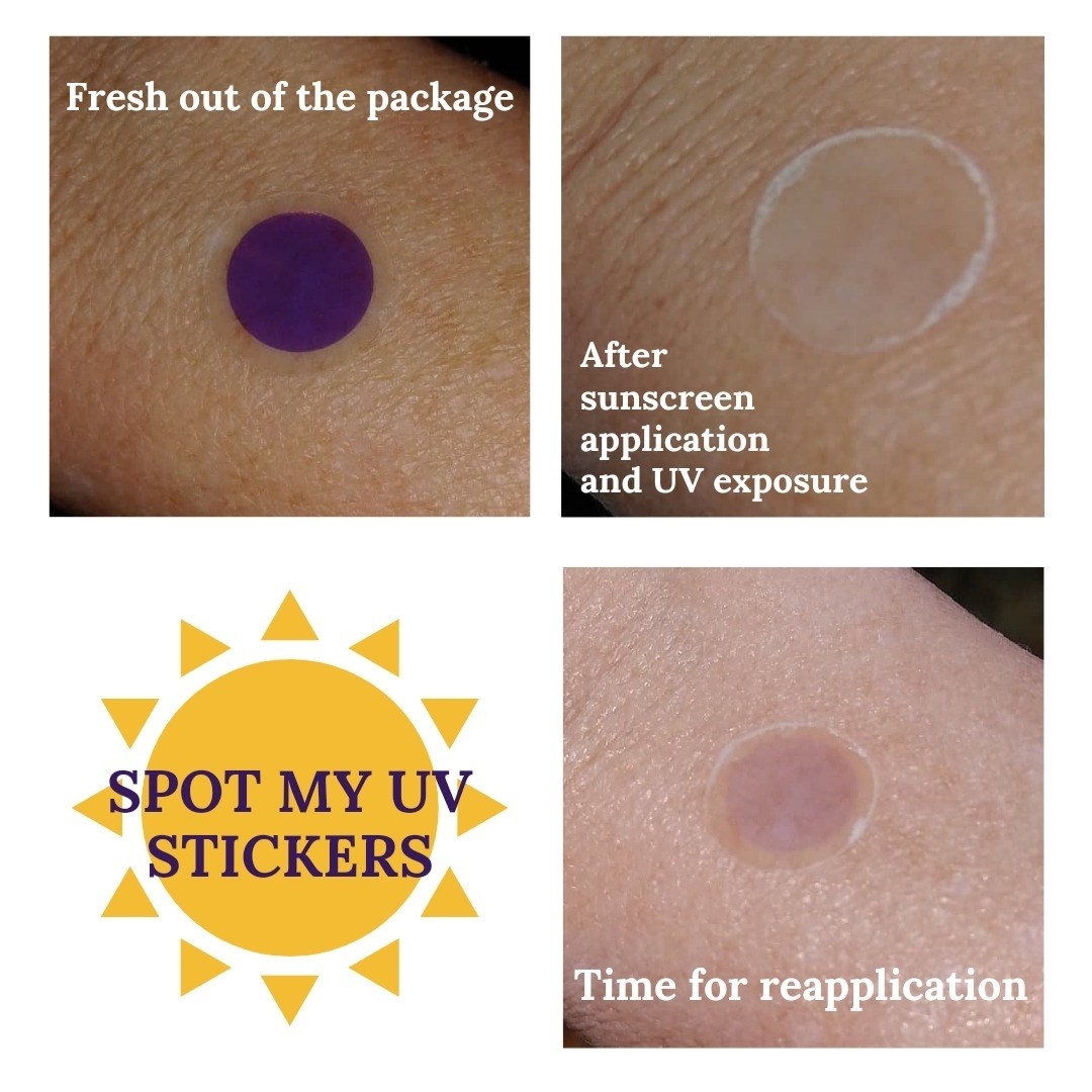 photo of the purple sticker freshly applied, the sticker turned clear to indicate that sunscreen has been applied, and the sticker tinted light purple to indicate that it&#x27;s time to reapply sunscreen