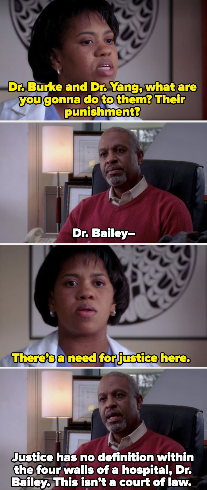 Dr. Bailey asking Dr. Webber what their punishment will be and Dr. Webber revealing that there will be no &quot;justice&quot; for Dr. Yang and Dr. Burke