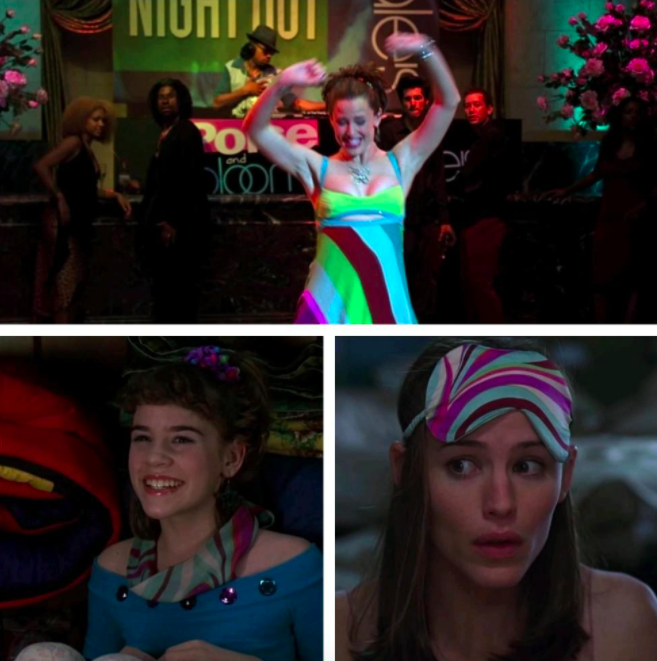 The same material on Jenna&#x27;s dress, Jenna&#x27;s blindfold, and Jenna&#x27;s eyemask