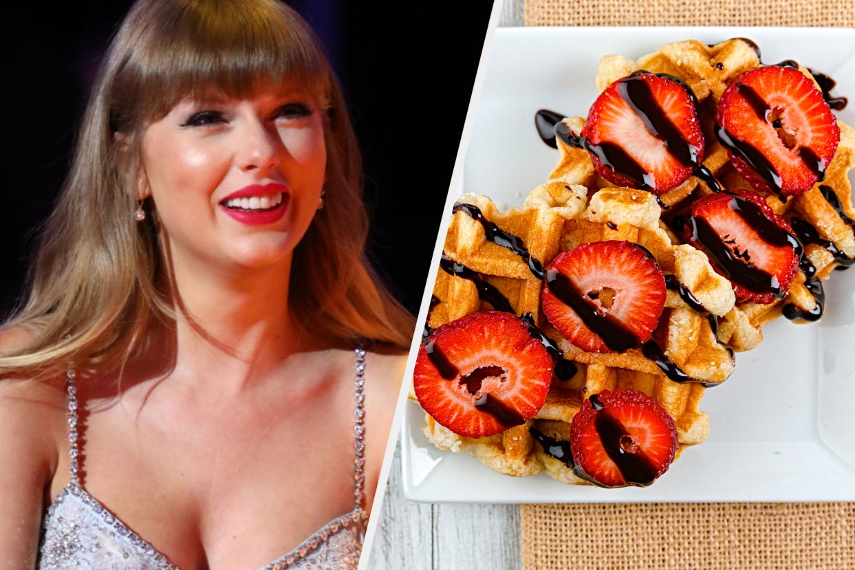 A close up of Taylor Swift smiling and an overhead shot of strawberry and chocolate covered waffles
