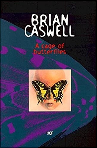 Book cover shows a purple detailed butterfly wing covering the entire page with a smaller box print of a bald headed person with a yellow butterfly over their eyes; title text in small red font with author title above in white font