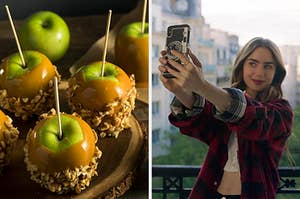 On the left, some caramel apples rolled in nuts, and on the right, Lily Collins taking a selfie as Emily in Emily in Paris