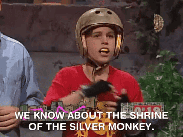 Contestant on &quot;Legends Of The Hidden Temple&quot; claps. Text over him reads &quot;we know about the shrine of the silver monkey.&quot;