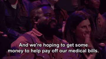 A woman on a game show saying, &quot;we&#x27;re hoping to get some money to help pay off our medical bills&quot;