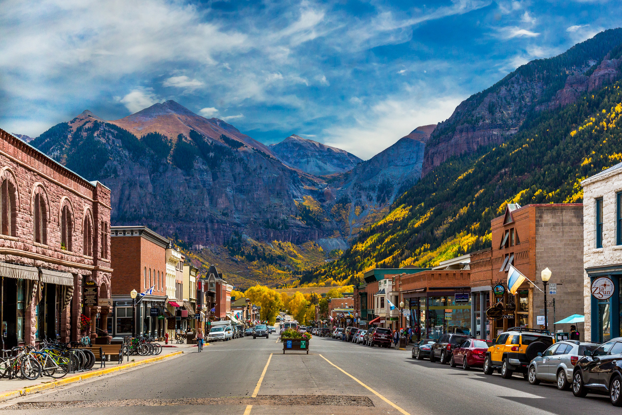 Downtown historic Telluride with mountains in the background