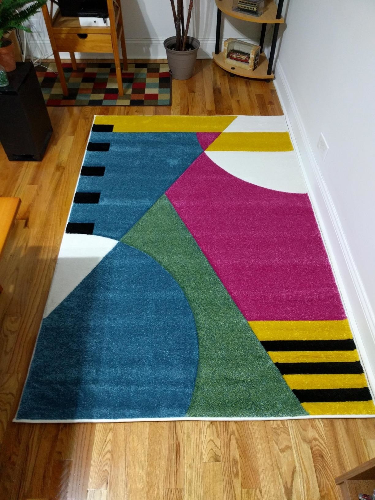 colorful area rug on hardwood floor