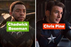 Chadwick Boseman labeled with his name and Chris Evans labeled "Chris Pine"