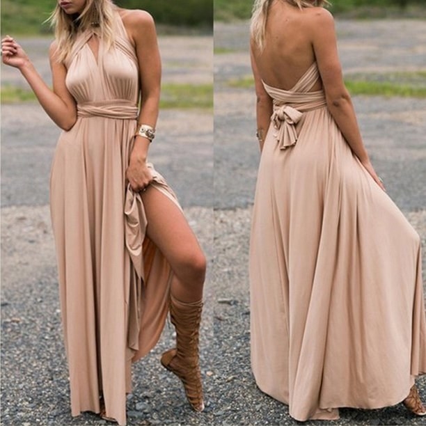 Left: Model wearing dress in color &quot;Nude&quot; showing the side slit. Right: Back of model wearing dress in color &quot;Nude&quot;.