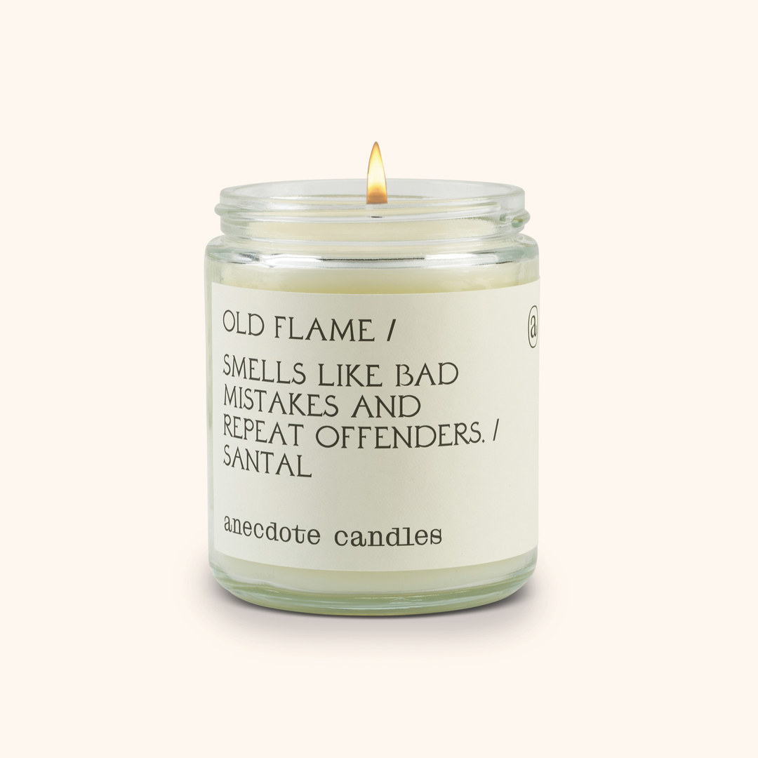 Candle called &quot;old flame&quot; with a label that says &quot;smells like bad mistakes and repeat offenders&quot;