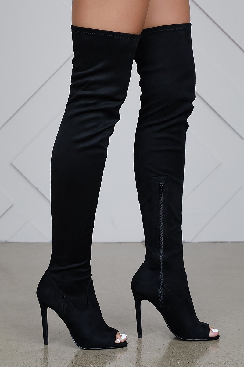 black thigh high boots with peep toes