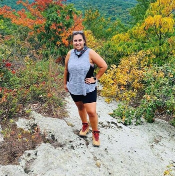 writer wearing the hiking boots during a fall hike