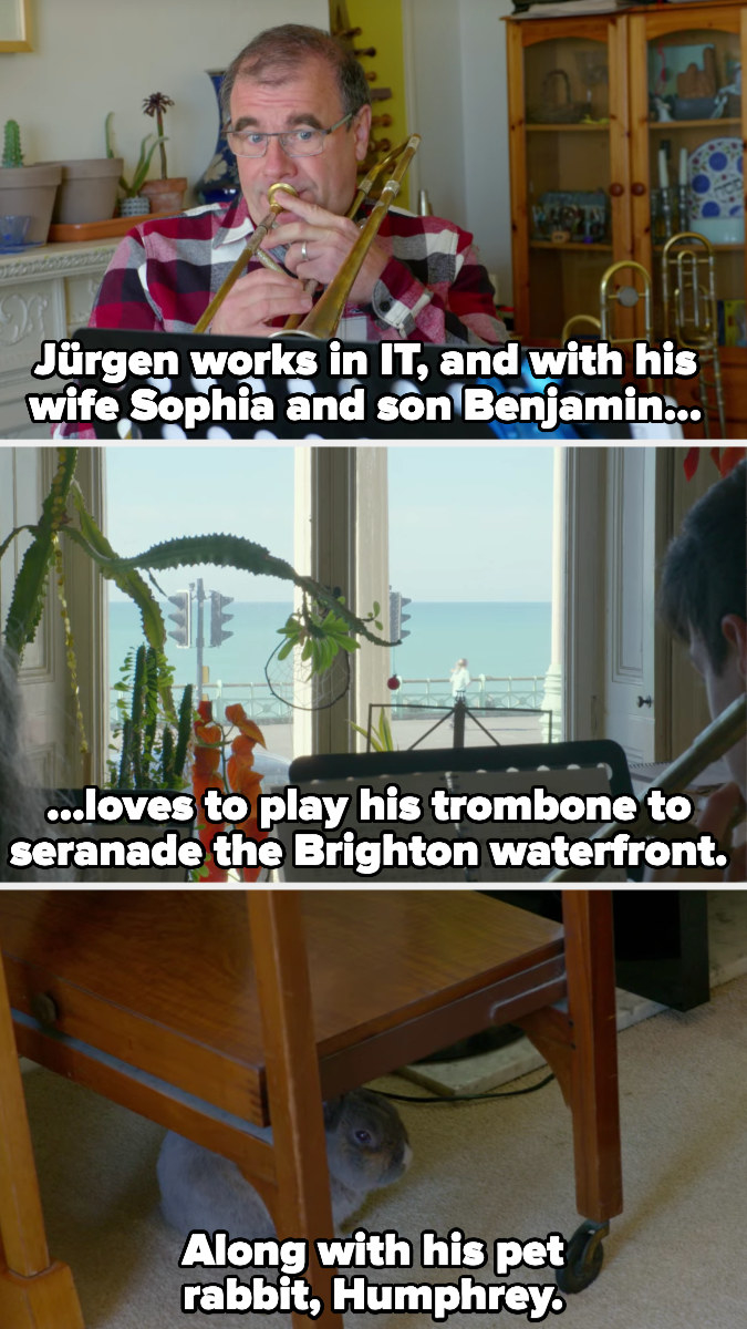 Jurgen likes to play trombone to the waterfront with his family, along with his pet rabbit, Humphrey