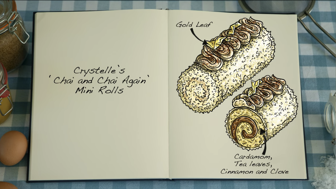 A sketch for Crystelle&#x27;s chai mini rolls which features cardamom, tea leaves, cinnamon, cloves, and gold leaf