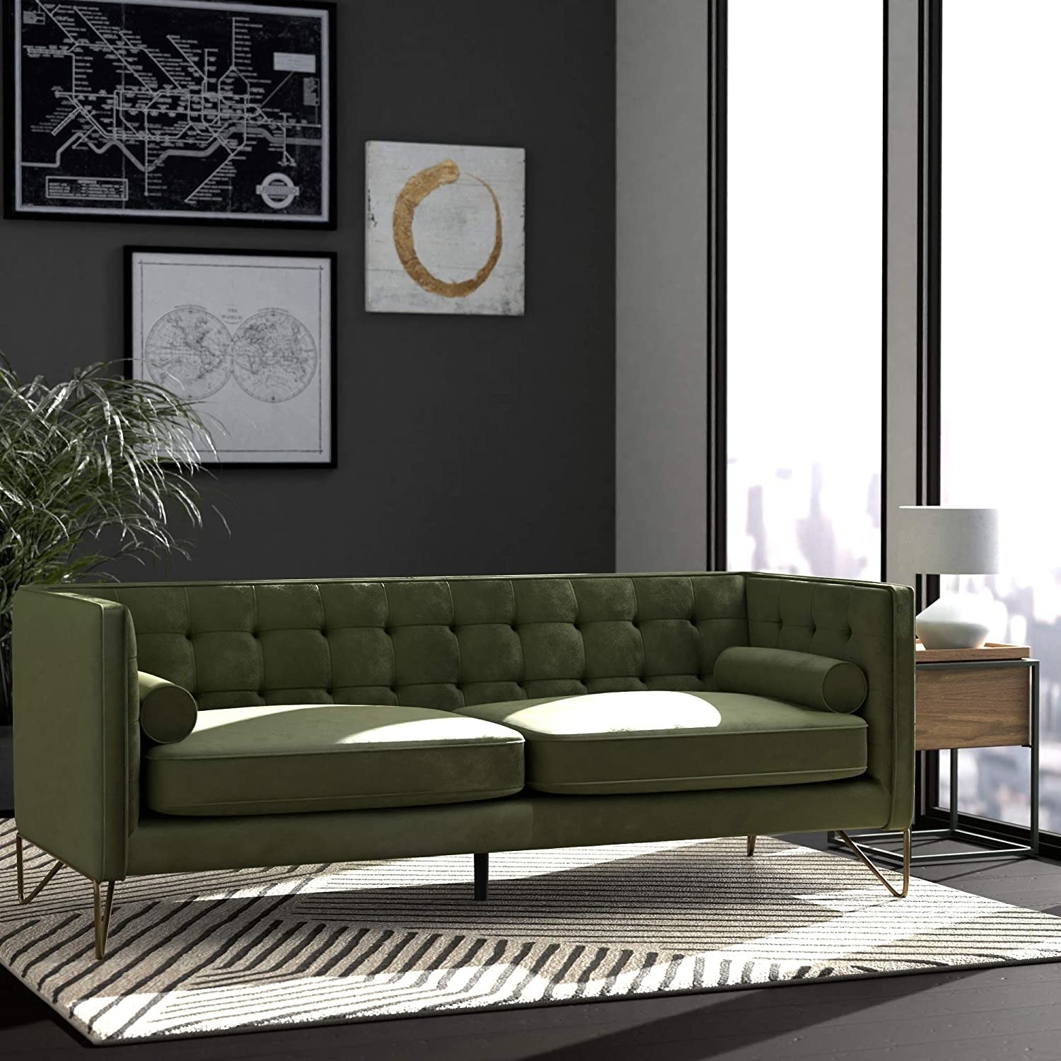A green couch in a home