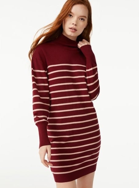 Model wearing dress in color &quot;Index Stripe Rich Red&quot;.