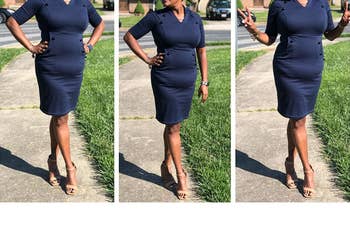 Reviewer is wearing a navy blue vintage pencil dress with 3/4 length sleeves