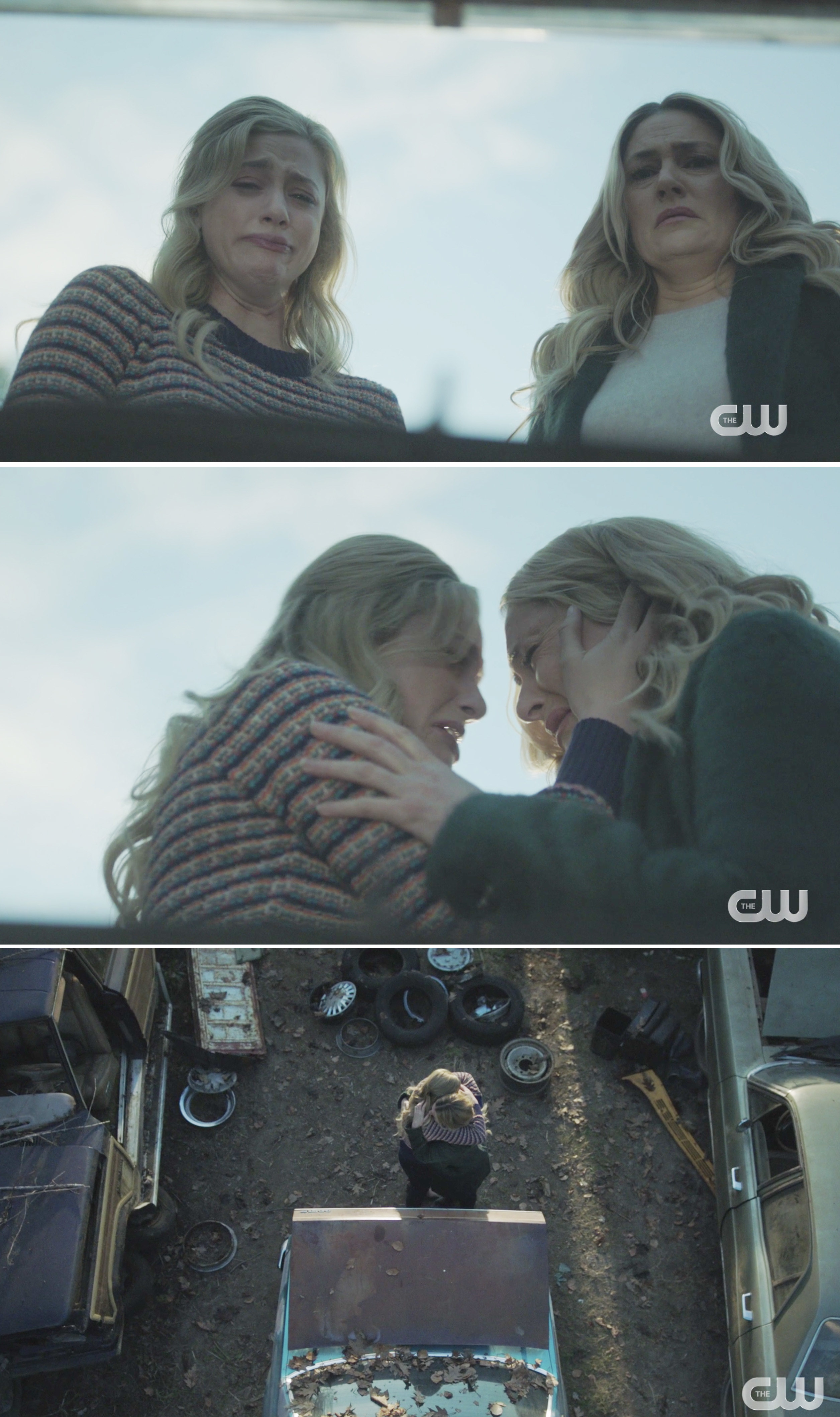 Betty and Alice crying after opening the trunk of a car