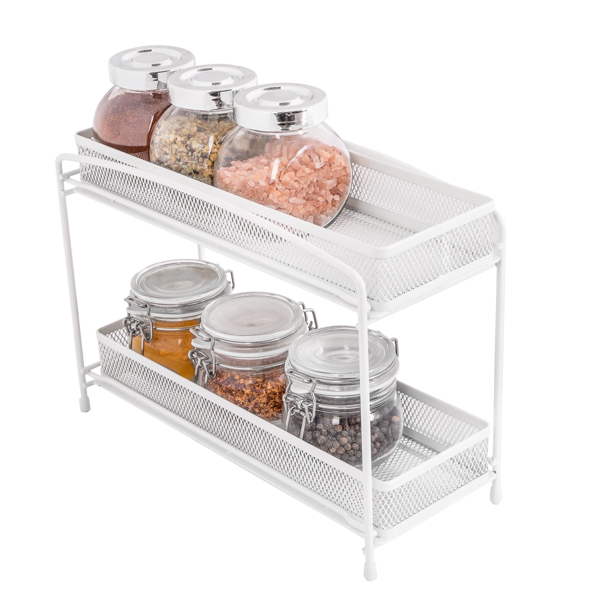 the white organizer with jars of spices