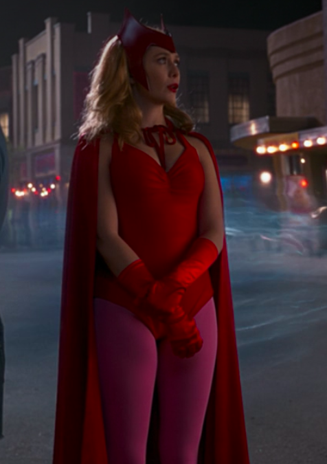retro Scarlet Witch Halloween costume with cape and tights