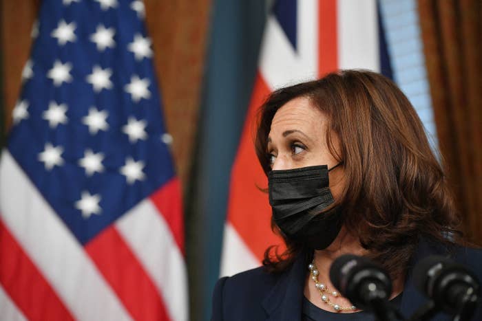 Wearing a face mask, the VP stands in front of a US flag