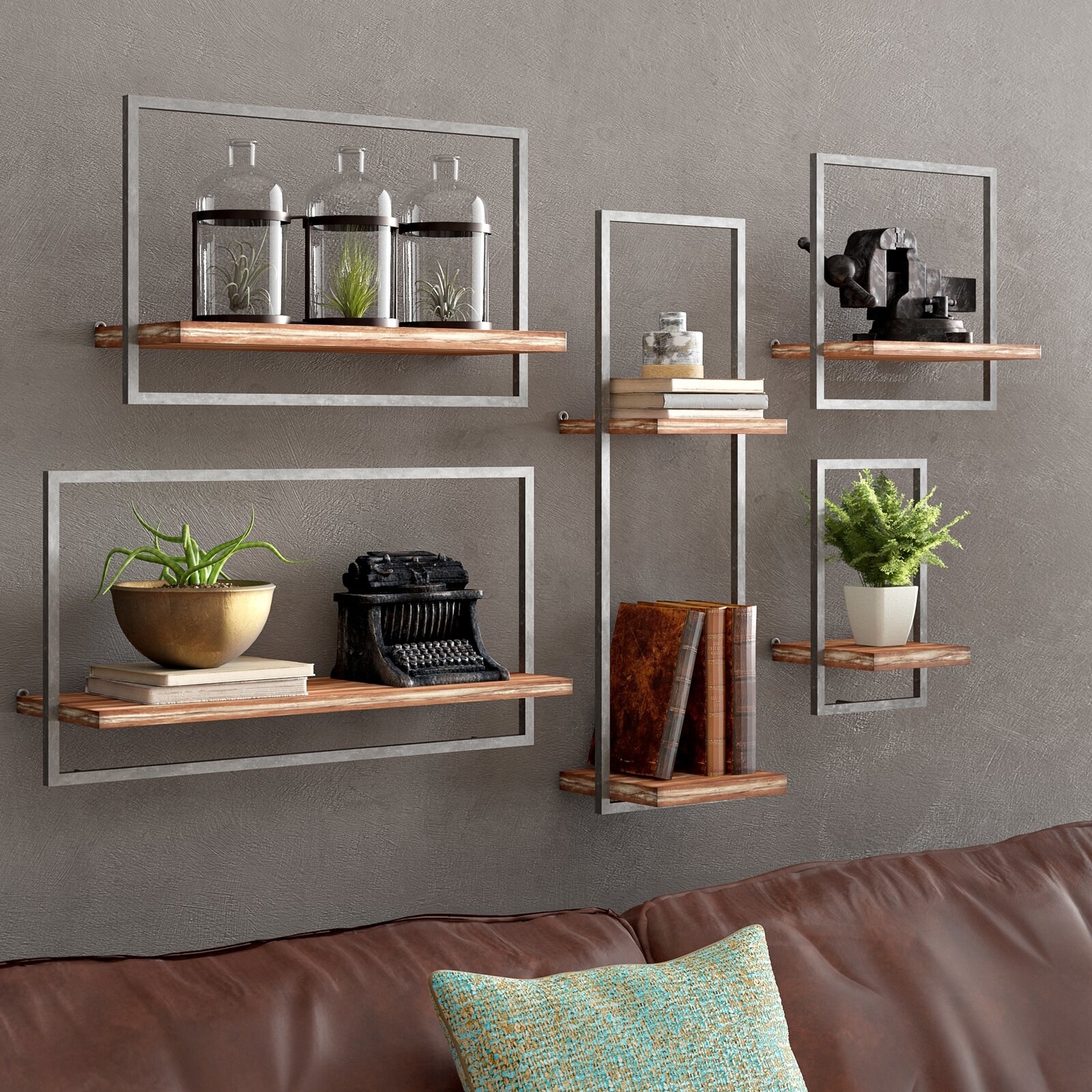 five wooden shelves with metal frames in different rectangular shapes