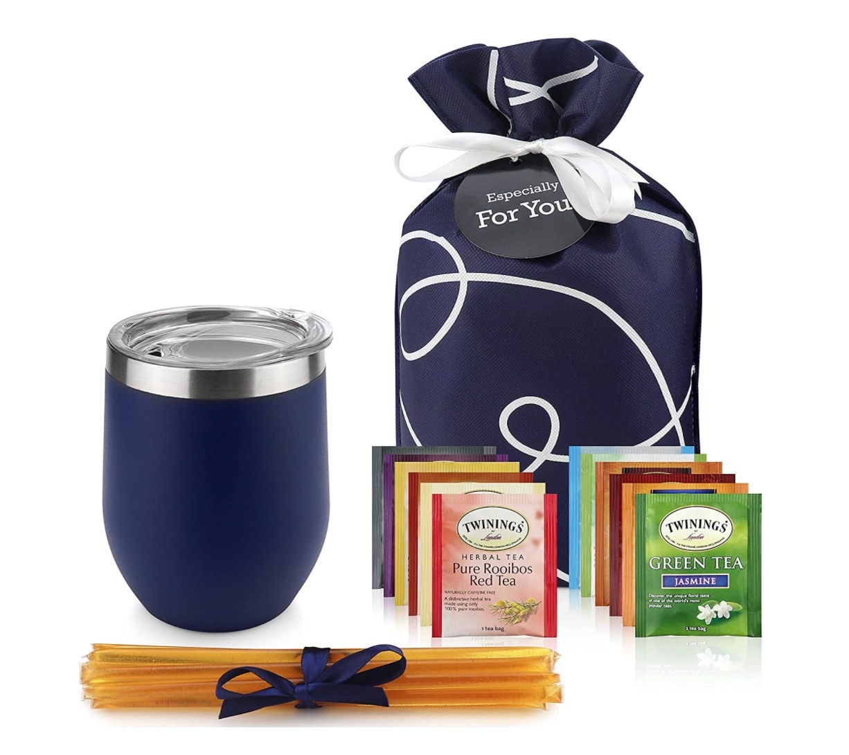 the full set with the honey sticks, mug, tea packets, and gift bag