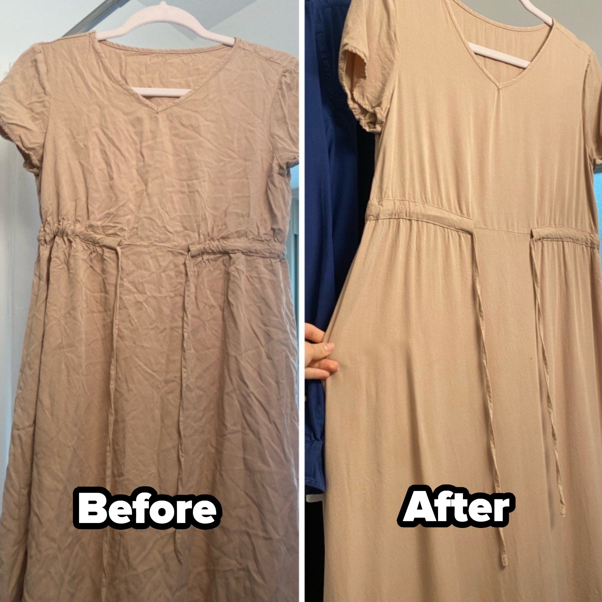 a reviewer image of a wrinkly dress before using the spray, and the same dress after using the spray