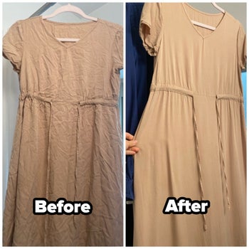 a reviewer image of a wrinkly dress before using the spray, and the same dress after using the spray
