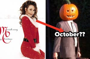 Mariah Carey wears a Santa suit on the cover of her Christmas album and Dwight Schrute wears a pumpkin on his head in "The Office"