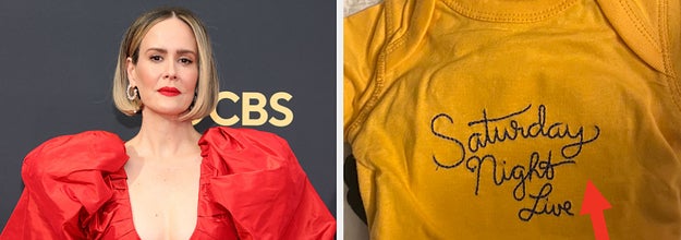 Sarah Paulson side by side Halsey's baby gear