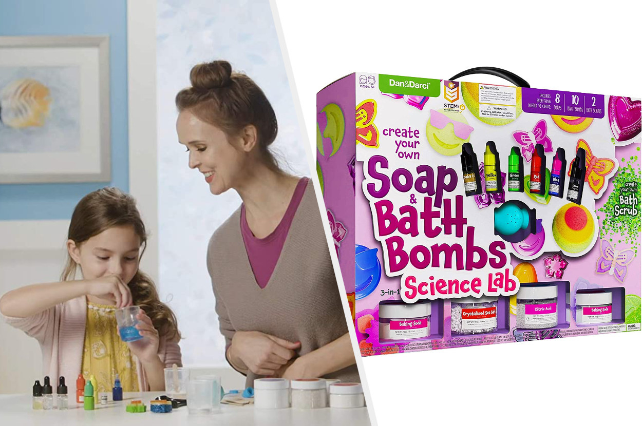 Split image of child and parent playing with bath bomb kit and the packaging for said kit