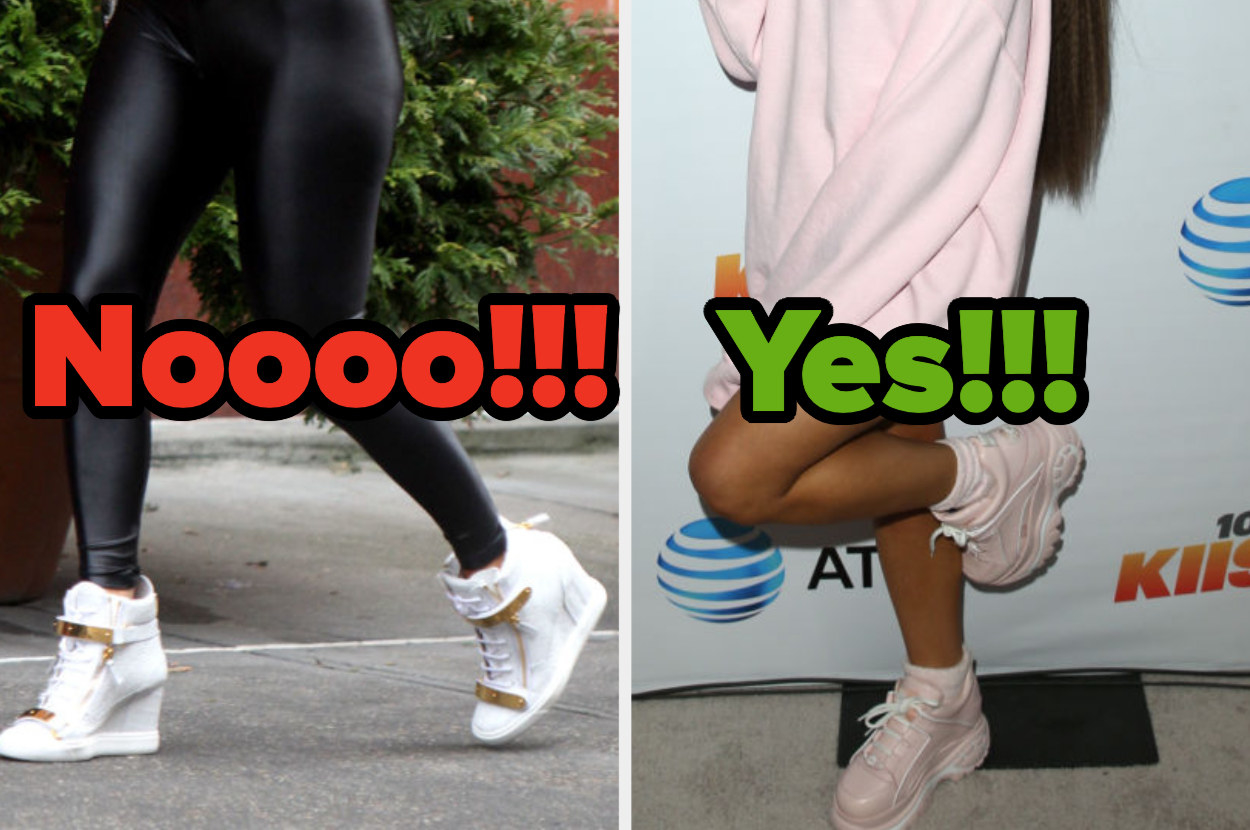 J.Lo wearing sneaker wedges and Ariana Grande wearing platform sneakers