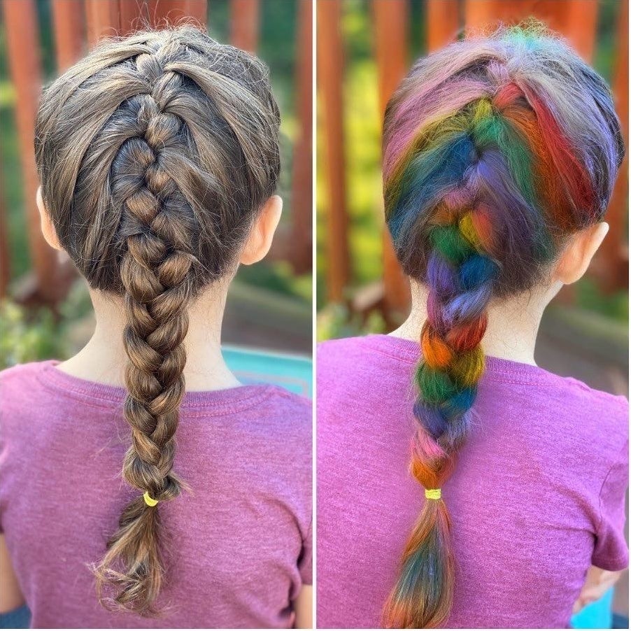 Reviewer's before photo of child with brown braided hair and after photo of the braid with colors in it