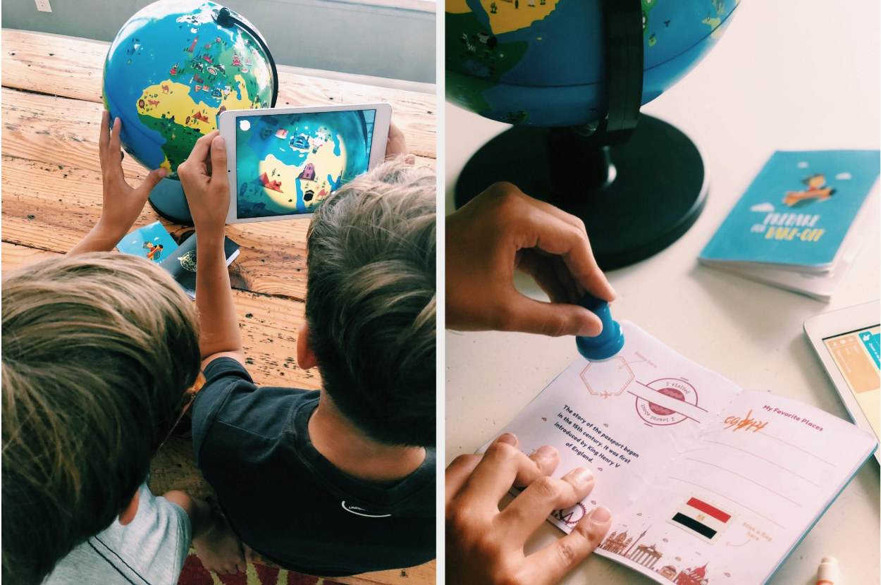 Split image of reviewer&#x27;s photos of children playing with globe and tablet and passport stamp book