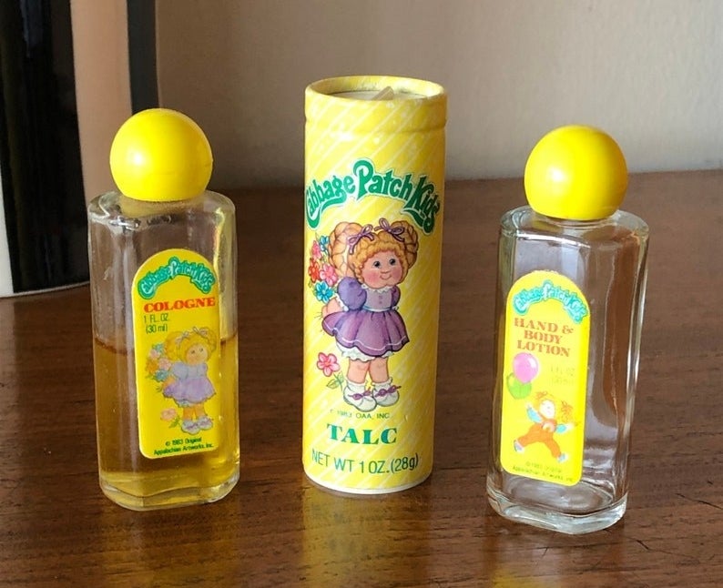 A bottle of Cabbage Patch Kids&#x27; cologne, talc, and a hand and body lotion