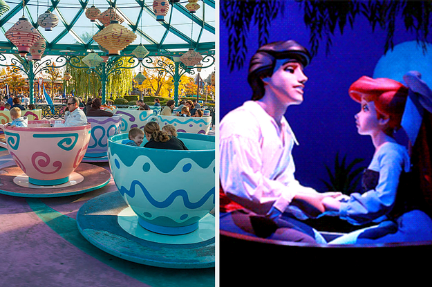 The Mad Hatter teacups at Disneyland and the animatronic Ariel and Eric on the Little Mermaid ride