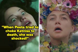 Katniss being choked by Peeta in "Hunger Games" and Dani from "Midsommar"