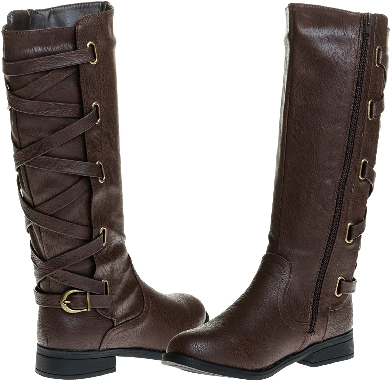 dark brown riding boots with the lace-up detailing and buckle in the back