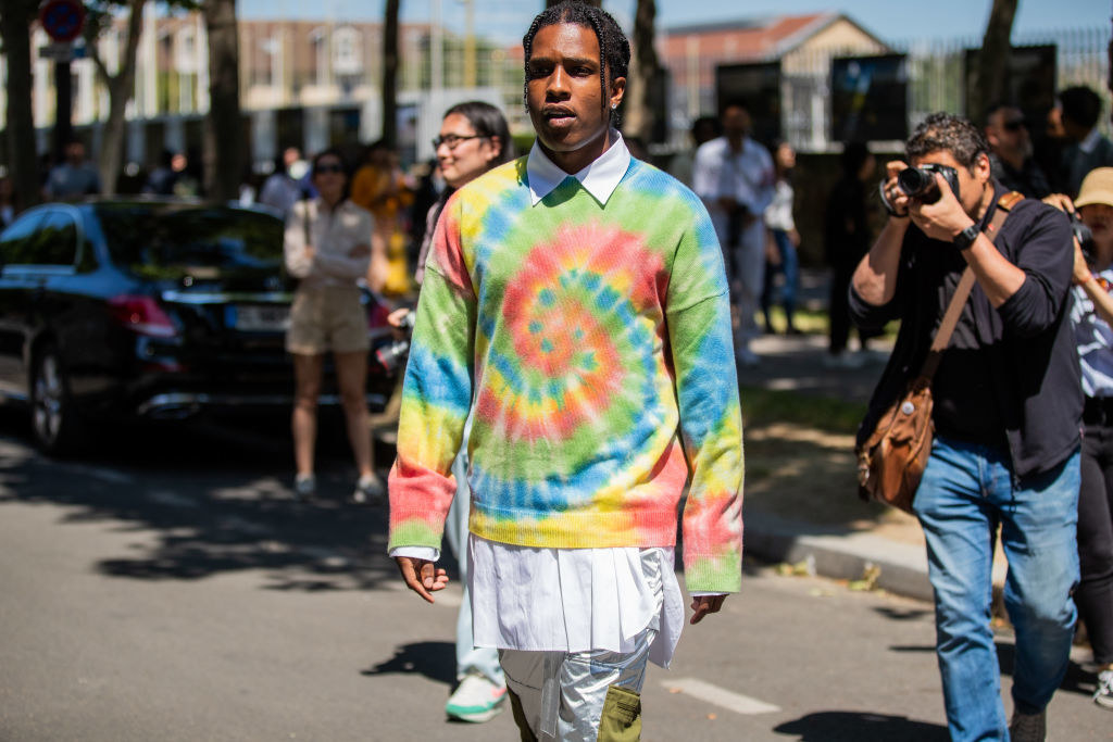 ASAP Rocky is seen wearing batik T-shirt outside Loewe during Paris Fashion Week