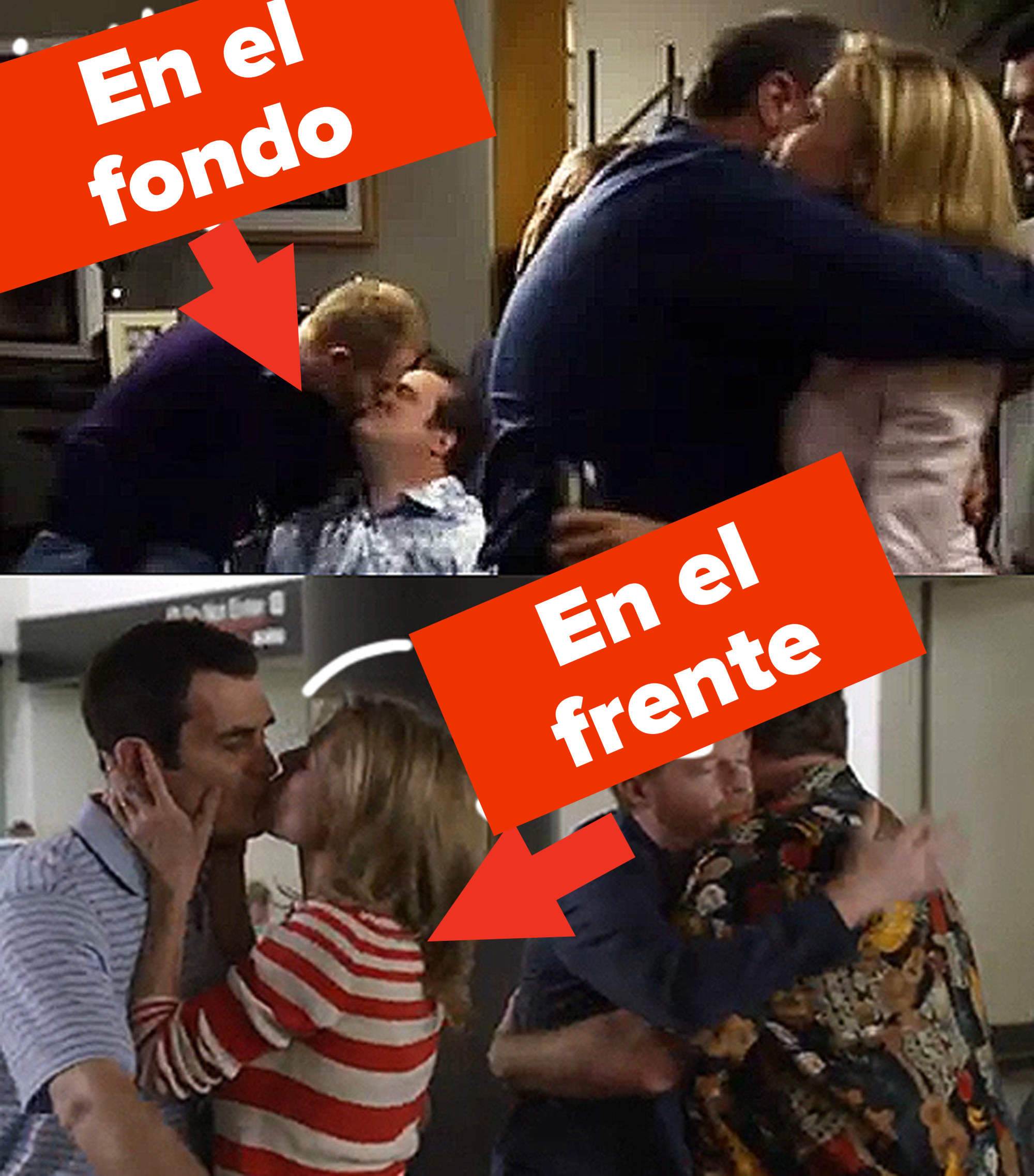 A dual image shows Mitch and Cam, a gay couple from Modern Family, kissing in the background of a shot and the other image shows a straight couple kissing in the foreground. Handwritten text on top points this out