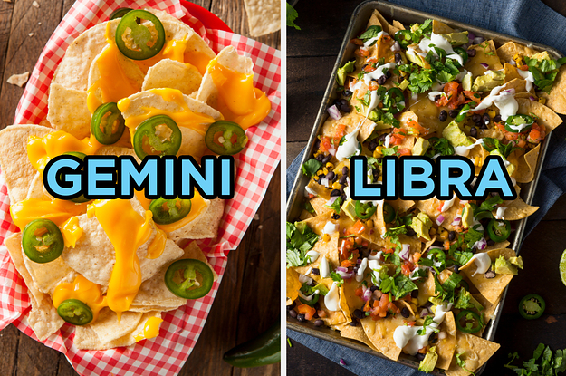On the left, some tortilla chips covered in cheese and jalapeños labeled Gemini, and on the right, some sheet pan nachos with tons of veggies, beans, and sour cream labeled Libra