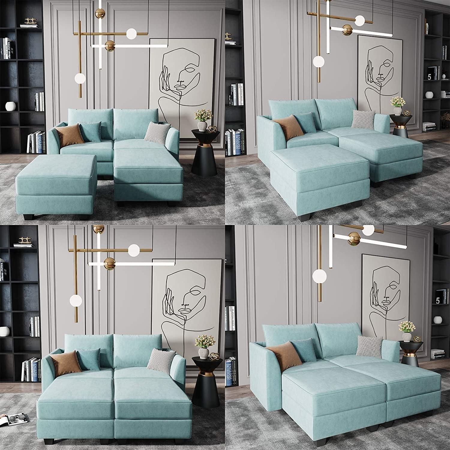 light blue two seat sectional sofa in different configurations