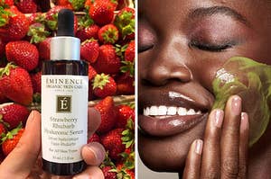 on left hand holding serum and on right model applying exfoliator 