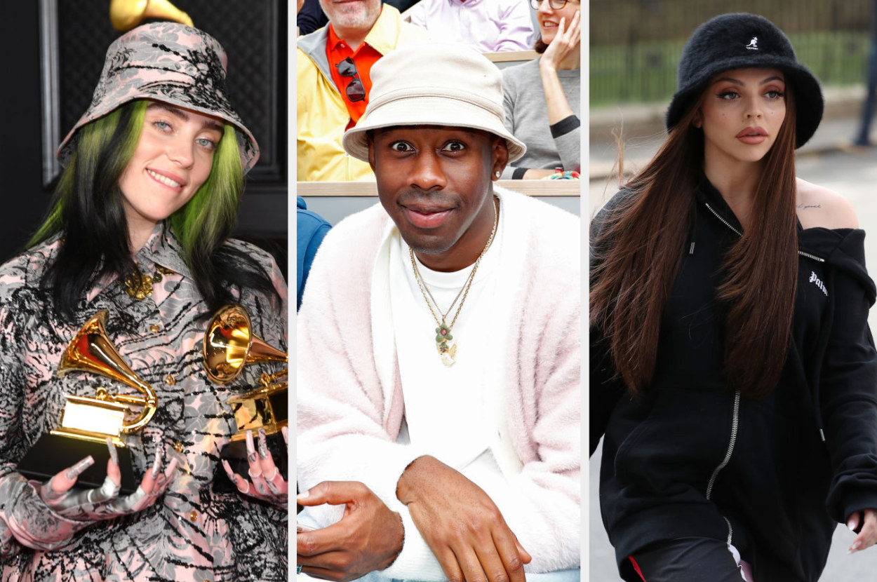 Billie Eilish; Tyler, the Creator; and Jesy Nelson all wearing bucket hats